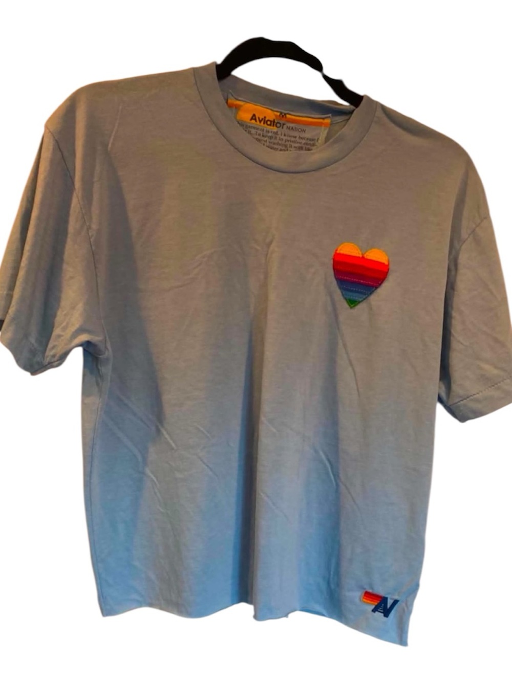 Aviator Nation Light Blue Tee with Rainbow Heart Patch- medium